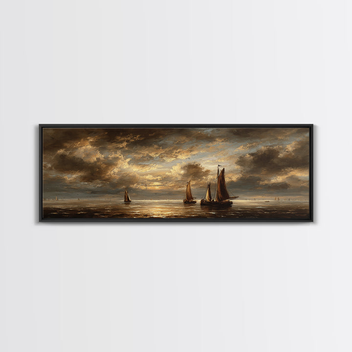 Seascape with Sailboats and Cloudy Sky Framed Canvas Print, Traditional Art, Gallery Decor, Living Room Decor, Classic, TRA-3x1-69