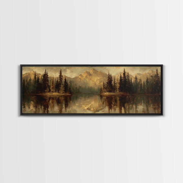 Mountain Lake with Pine Forest Reflection Framed Canvas Print, Traditional Art, Neutral Decor, Living Room Decor, Oil Painting, TRA-3x1-73