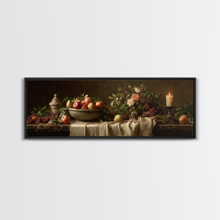 Basket of Apples and Pears on Linen Framed Canvas Print, Traditional Art, Art Commissions, Living Room Decor, Fine Art, Classic, TRA-3x1-82