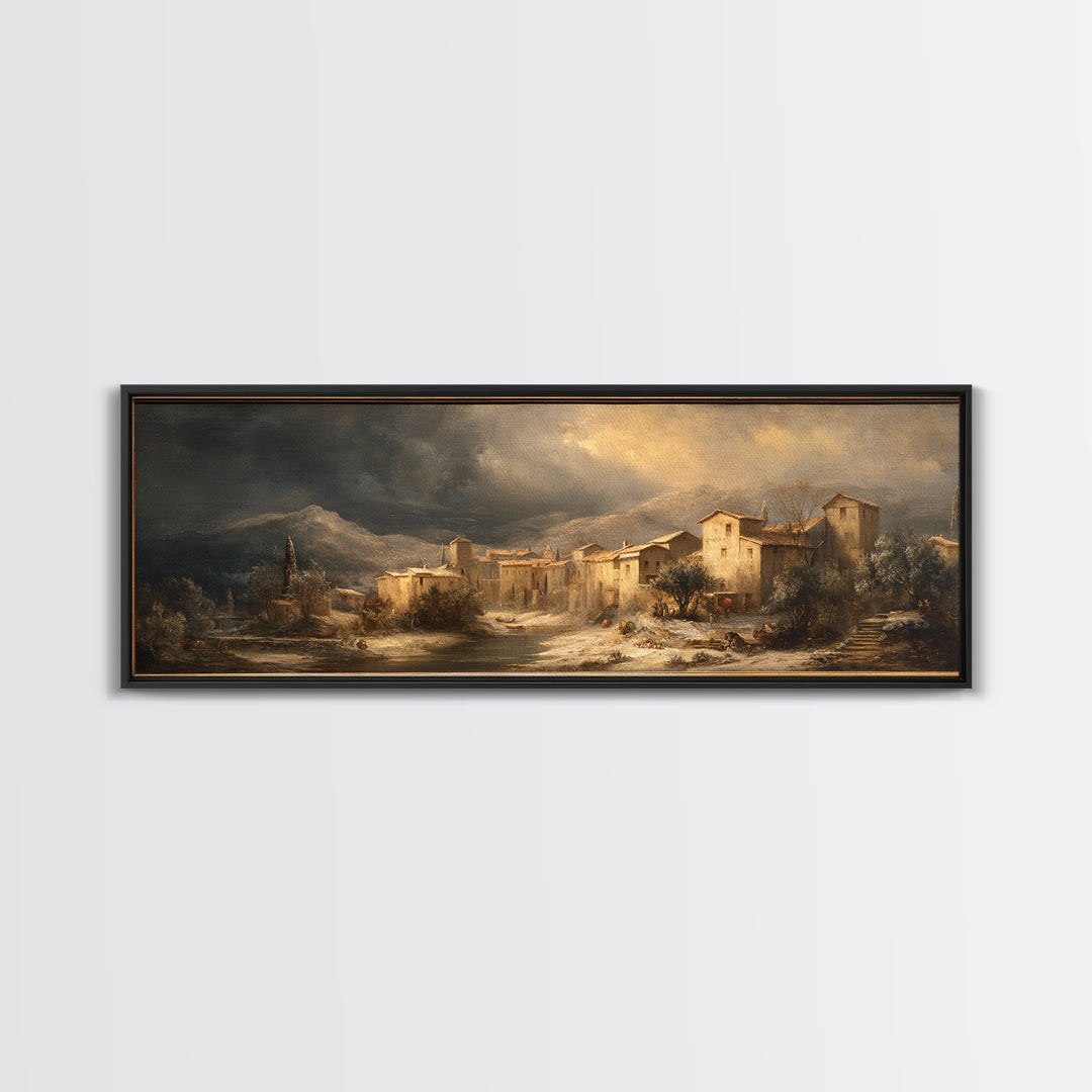 Snowy Village Landscape at Twilight Canvas Print, Traditional Art, Art Commission, Living Room Decor, Fine Art, Classic, TRA-3x1-83