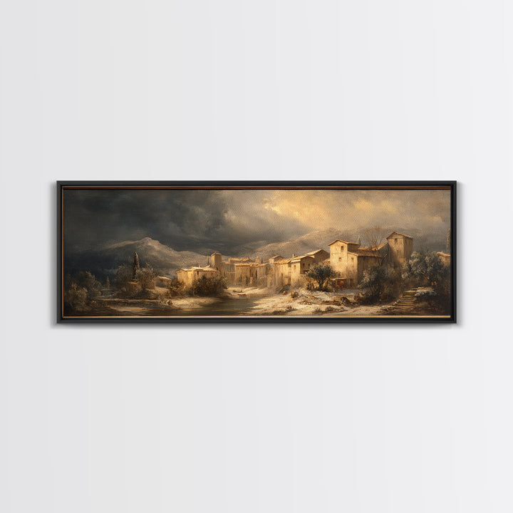 Snowy Village Landscape at Twilight Canvas Print, Traditional Art, Art Commission, Living Room Decor, Fine Art, Classic, TRA-3x1-83