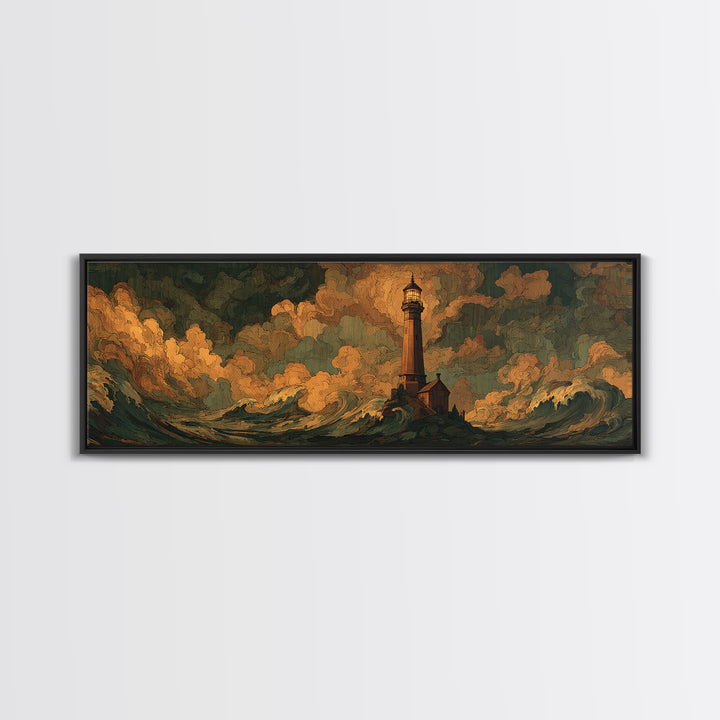 Lighthouse with Crashing Waves Canvas Print, Traditional Art, Dark Art, Living Room Decor, Oil Painting, Classic, TRA-3x1-85