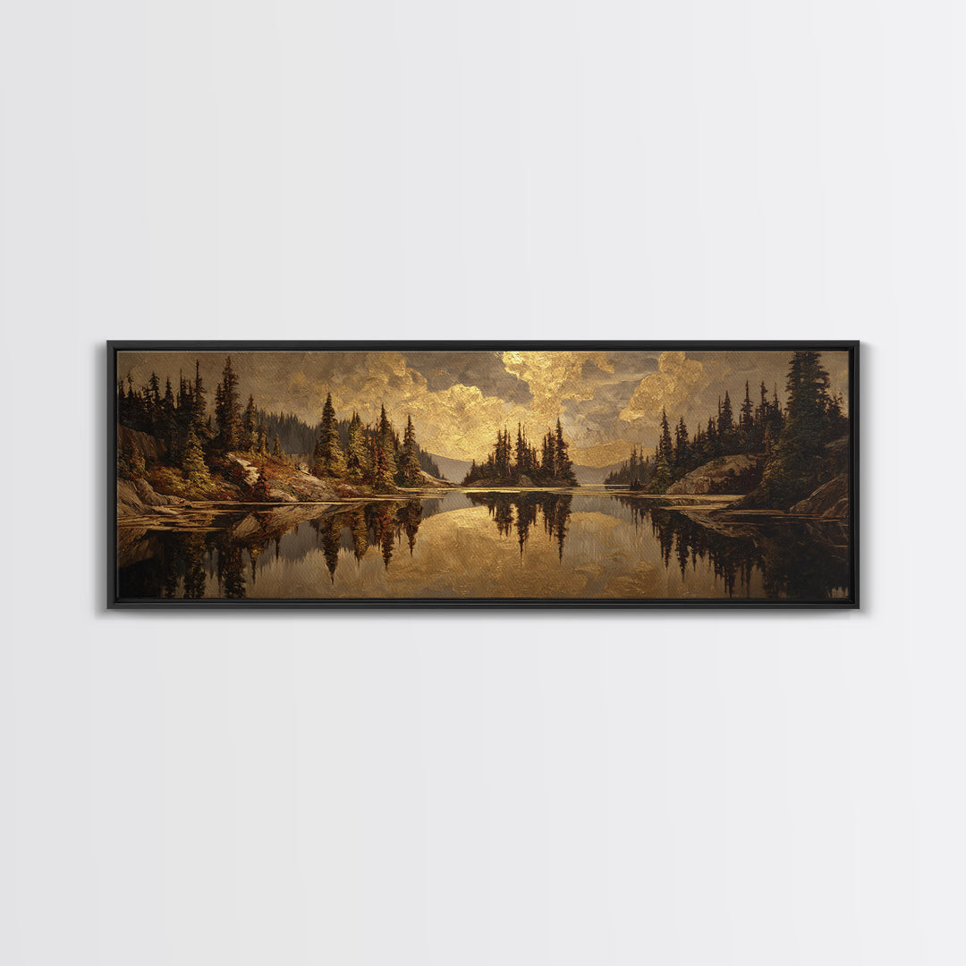 Mountain Lake with Pine Forest Reflection Canvas Print, Traditional Art, Luxury Decor, Living Room Decor, Fine Art, Classic, TRA-3x1-97