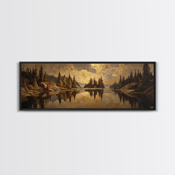 Mountain Lake with Pine Forest Reflection Canvas Print, Traditional Art, Luxury Decor, Living Room Decor, Fine Art, Classic, TRA-3x1-97