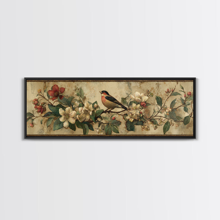 Bird Study on a Flowering Branch Canvas Print, Traditional Art, Indian Art, Living Room Decor, Oil Painting, Classic, TRA-3x1-98