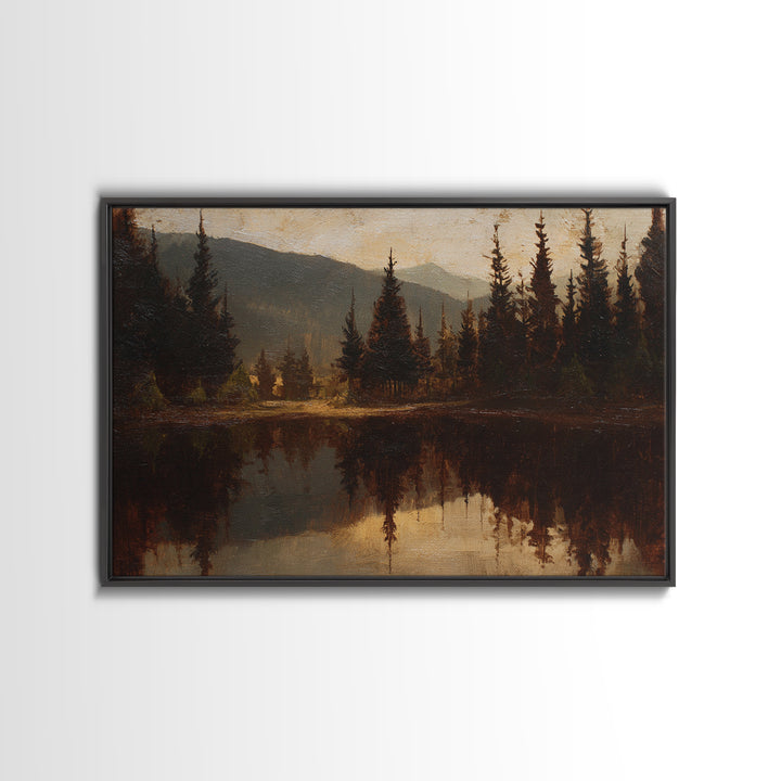 Mountain Lake with Pine Forest Reflection Framed Canvas Print, Traditional Art, Indian Wall Art, Living Room Decor, Classic, TRA-3x2-13