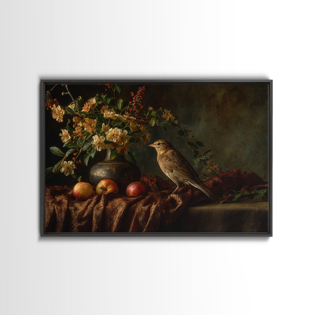 Bird Study on a Flowering Branch Framed Canvas Print, Traditional Art, Artwork, Living Room Decor, Oil Painting, Classic, TRA-3x2-14