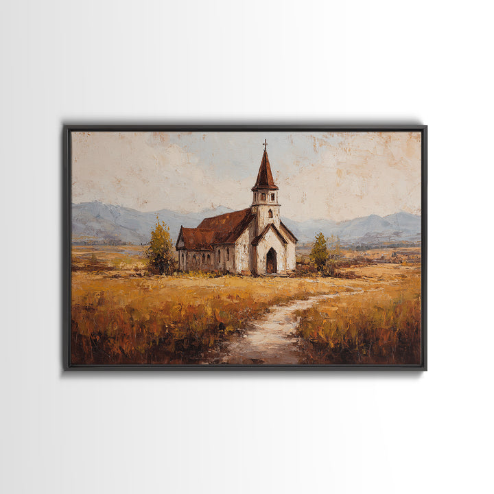 Church Steeple Across Rural Meadow Canvas Print, Traditional Art, Japanese Decor, Living Room Decor, Fine Art, Classic, TRA-3x2-17