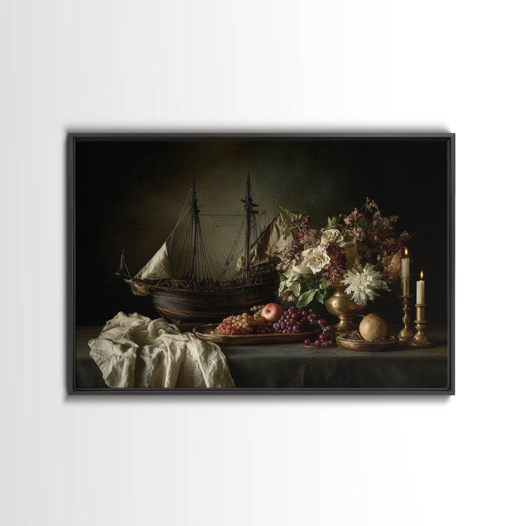Ship at Sea Framed Canvas Print, Traditional Art, Original Art, Living Room Decor, Fine Art, Classic, Landscape, Indian Art, TRA-3x2-18