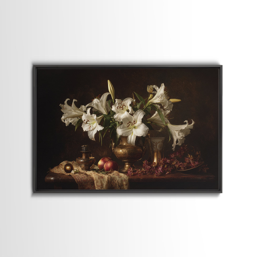 White Lilies on Dark Background Framed Canvas Print, Traditional Art, Statement Artwork, Living Room Decor, Fine Art, Classic, TRA-3x2-19