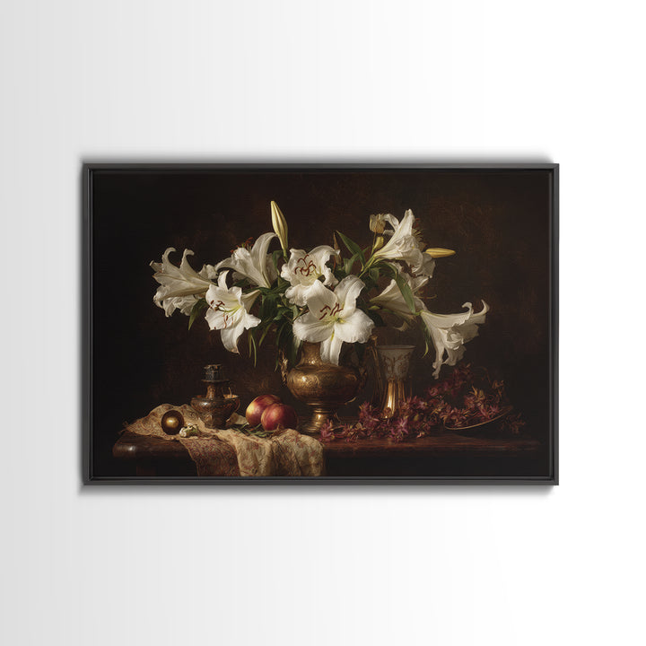 White Lilies on Dark Background Framed Canvas Print, Traditional Art, Statement Artwork, Living Room Decor, Fine Art, Classic, TRA-3x2-19