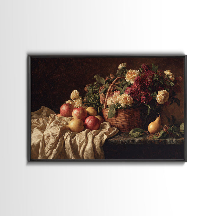 Basket of Apples and Pears on Linen Canvas Print, Traditional Art, Digital Print, Living Room Decor, Abstract Art, Classic, TRA-3x2-22