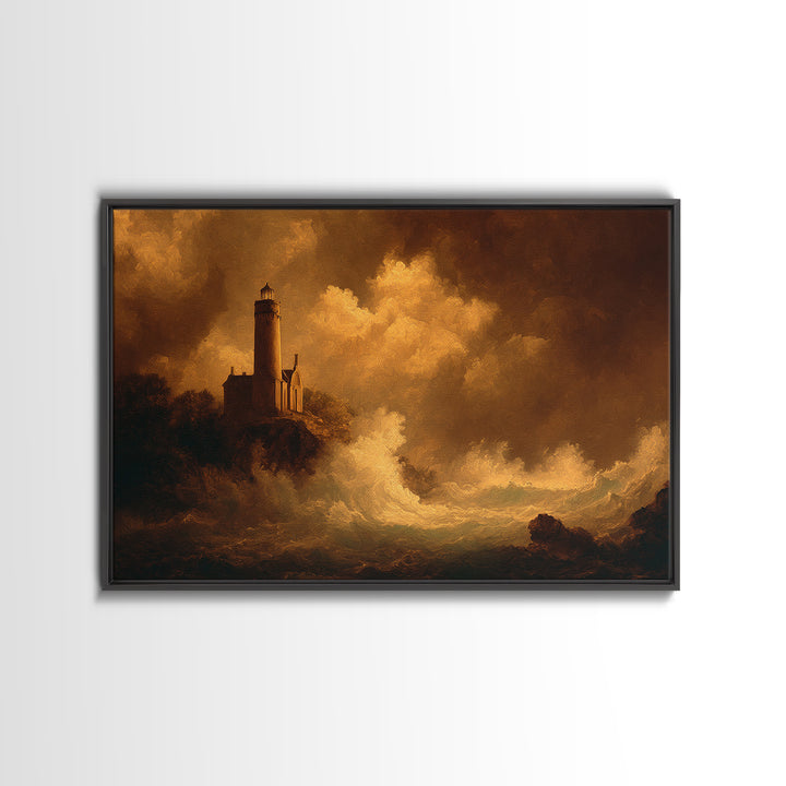 Lighthouse with Crashing Waves Framed Canvas Print, Traditional Art, Landscape, Living Room Decor, Abstract Art, Classic, TRA-3x2-25