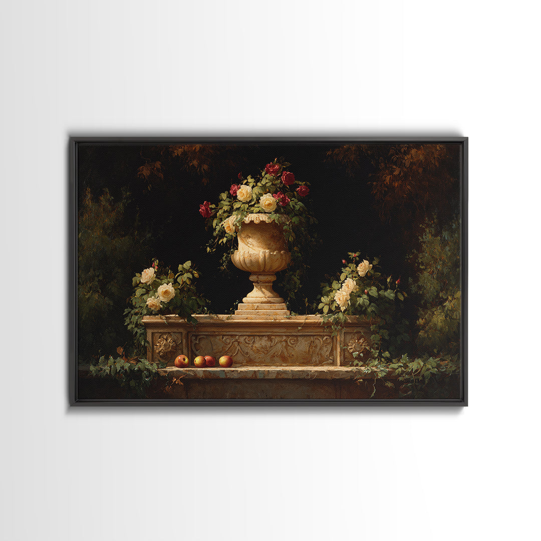 Garden Urn with Roses and Ivy Framed Canvas Print, Traditional Art, Custom Art, Living Room Decor, Fine Art, Classic, TRA-3x2-28