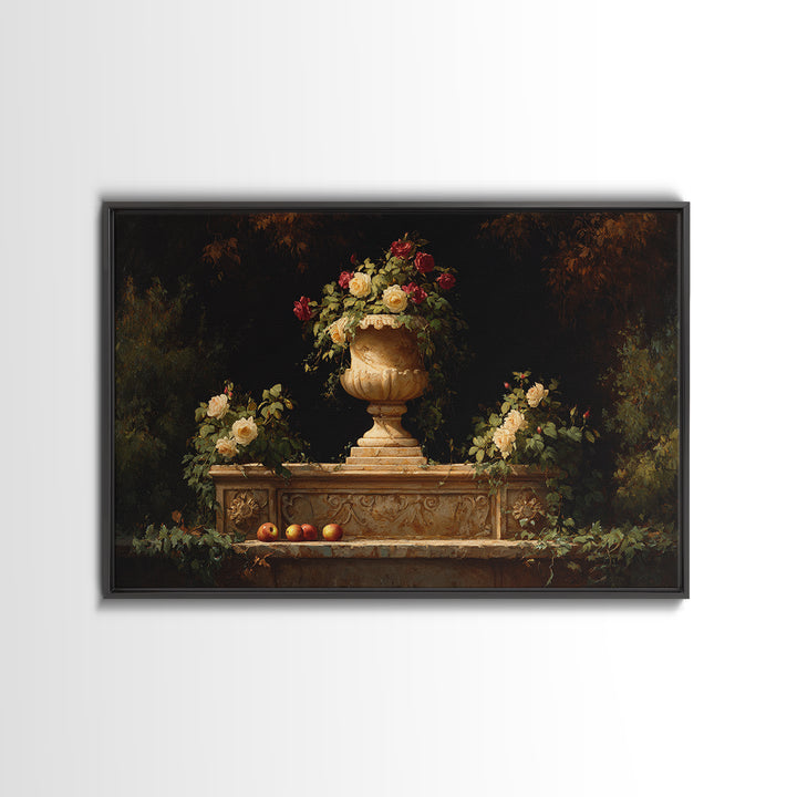 Garden Urn with Roses and Ivy Framed Canvas Print, Traditional Art, Custom Art, Living Room Decor, Fine Art, Classic, TRA-3x2-28