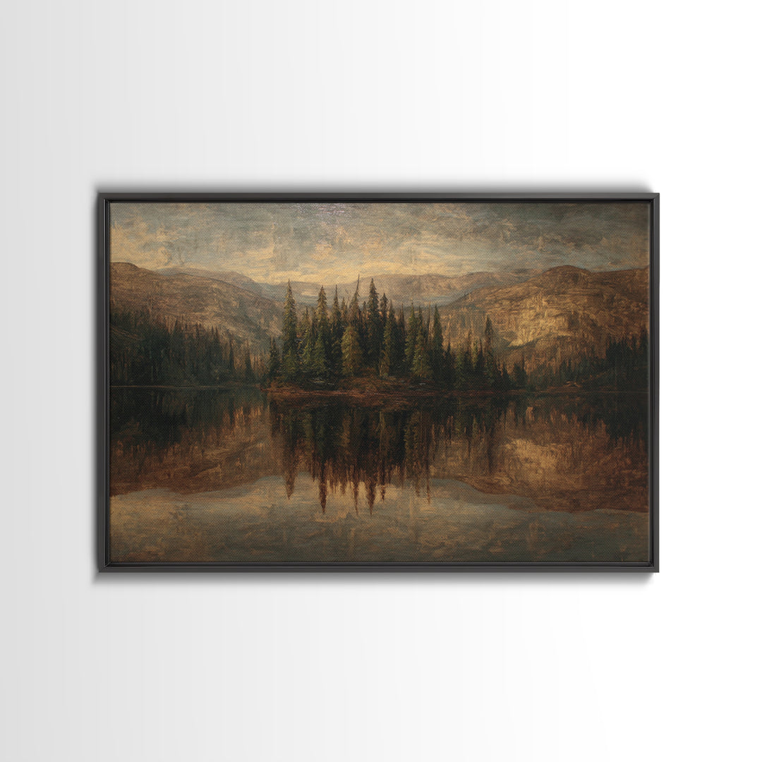 Mountain Lake with Pine Forest Reflection Canvas Print, Traditional Art, Dark Art, Living Room Decor, Fine Art, Classic, TRA-3x2-37