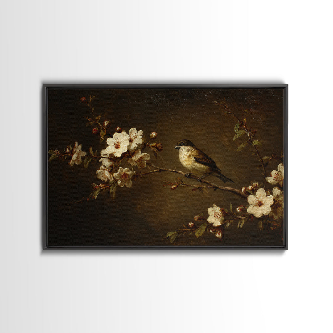 Bird Study on a Flowering Branch Canvas Print, Traditional Art, Japanese Art, Living Room Decor, Watercolor Art, Classic, TRA-3x2-38