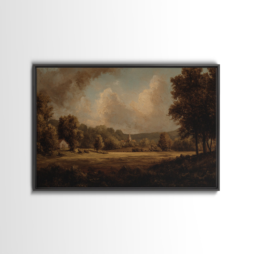 Church Steeple Across Rural Meadow Framed Canvas Print, Traditional Art, Pokemon Poster, Living Room Decor, Watercolor Art, TRA-3x2-41