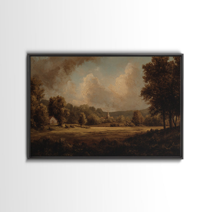 Church Steeple Across Rural Meadow Framed Canvas Print, Traditional Art, Pokemon Poster, Living Room Decor, Watercolor Art, TRA-3x2-41