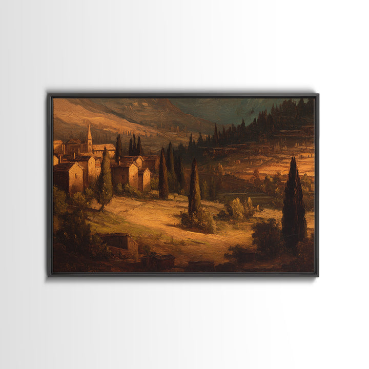 Snowy Village Landscape at Twilight Framed Canvas Print, Traditional Art, Art Print, Living Room Decor, Fine Art, Classic, TRA-3x2-47