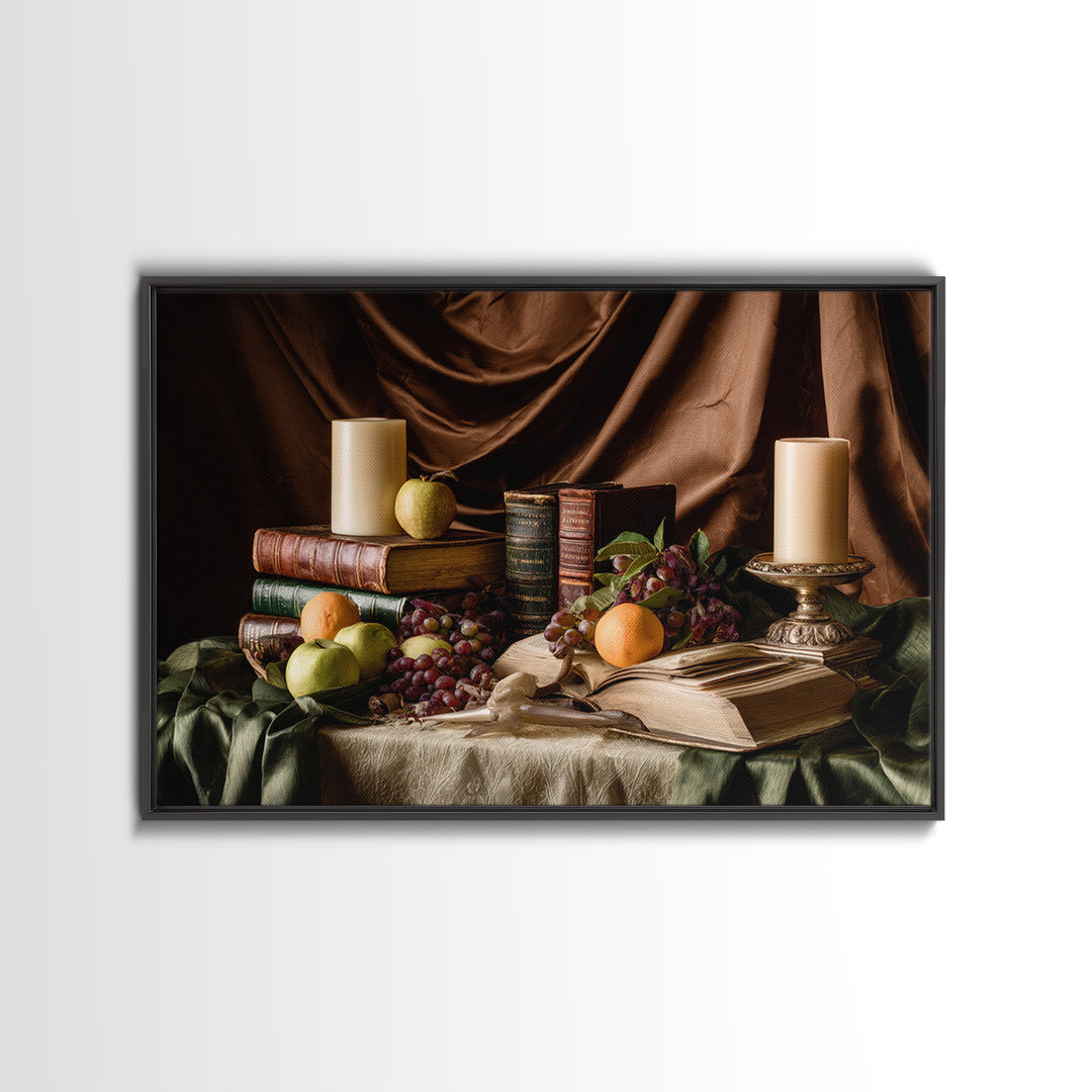 Still Life of Books Candle and Fruit Canvas Print, Traditional Art, Gallery Decor, Living Room Decor, Fine Art, Classic, TRA-3x2-48