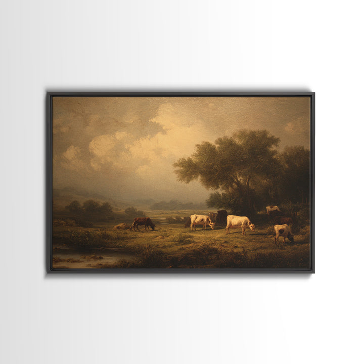 Pastoral Countryside with Cows in Field Framed Canvas Print, Traditional Art, Living Room Decor, Oil Painting, Classic, TRA-3x2-59
