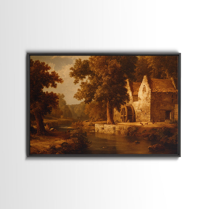 Watermill Beside a Quiet Stream Framed Canvas Print, Traditional Art, Gallery Decor, Living Room Decor, Fine Art, Classic, TRA-3x2-69