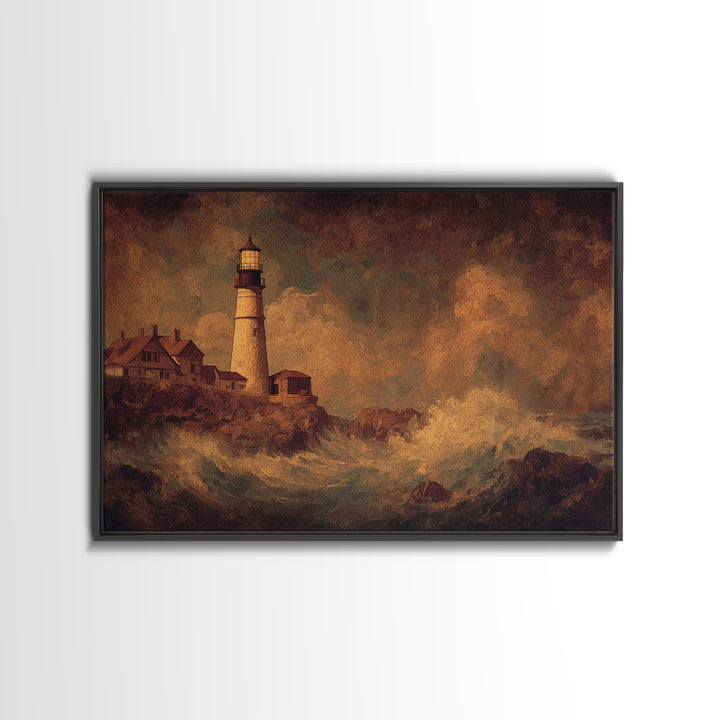 Lighthouse with Crashing Waves Canvas Print, Traditional Art, Neutral Decor, Living Room Decor, Fine Art, Classic, Home Decor, TRA-3x2-73