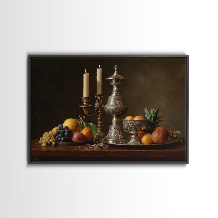 Dutch Fruit and Silver Goblet Still Life Framed Canvas Print, Traditional Art, Furry Art, Living Room Decor, Oil Painting, TRA-3x2-8