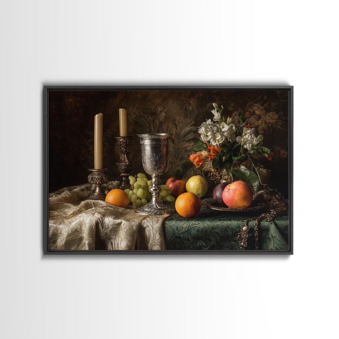 Dutch Fruit and Silver Goblet Still Life Framed Canvas Print, Traditional Art, Living Room Decor, Watercolor Art, Classic, TRA-3x2-80