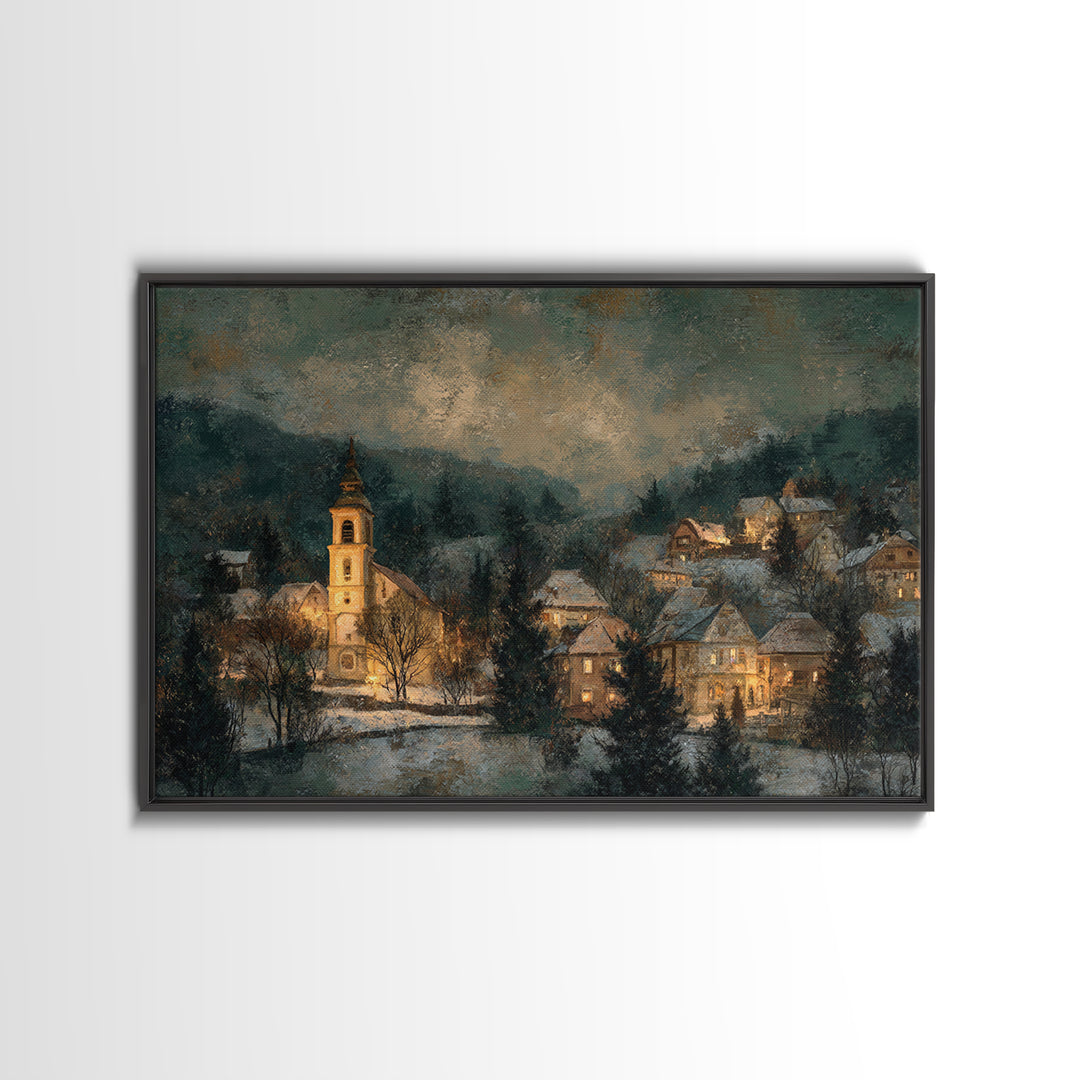 Snowy Village Landscape at Twilight Framed Canvas Print, Traditional Art, Art Commission, Living Room Decor, Fine Art, Classic, TRA-3x2-95