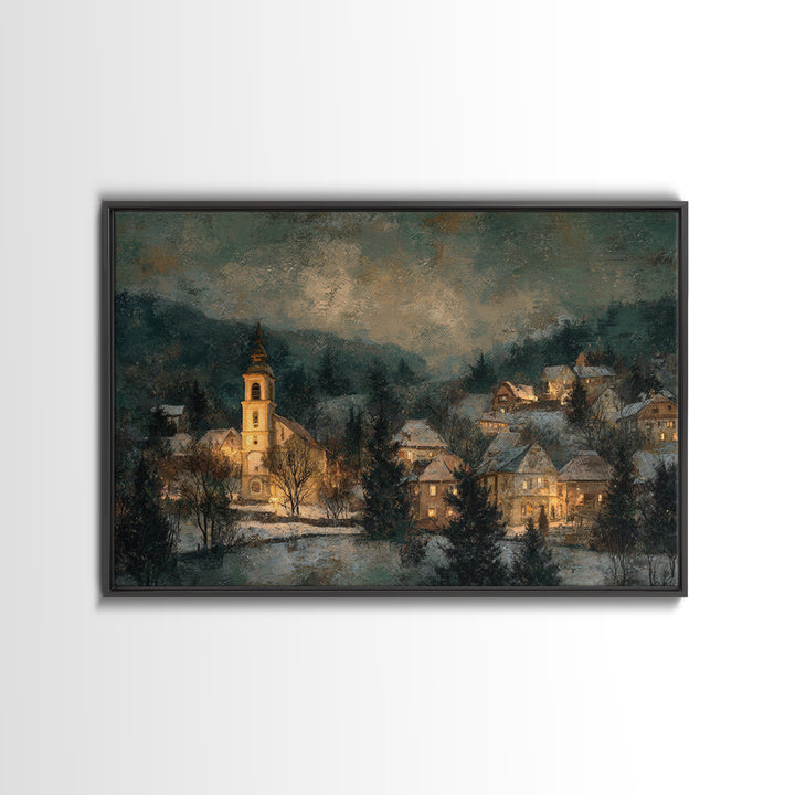 Snowy Village Landscape at Twilight Framed Canvas Print, Traditional Art, Art Commission, Living Room Decor, Fine Art, Classic, TRA-3x2-95