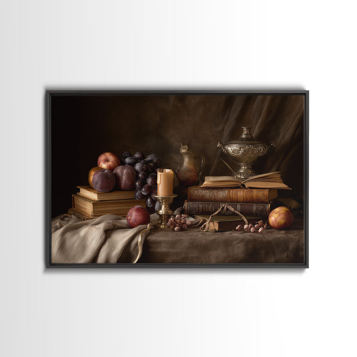 Still Life of Books Candle and Fruit Framed Canvas Print, Traditional Art, Painting, Living Room Decor, Fine Art, Classic, TRA-3x2-96