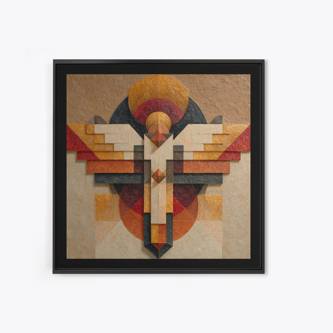 Eagle Totem with Feathers and Geometric Shapes Framed Canvas Print, Tribal Art, Tribal Design, Living Room Decor, Tribal, TRI-1x1-84