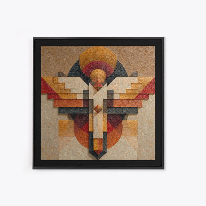 Eagle Totem with Feathers and Geometric Shapes Framed Canvas Print, Tribal Art, Tribal Design, Living Room Decor, Tribal, TRI-1x1-84