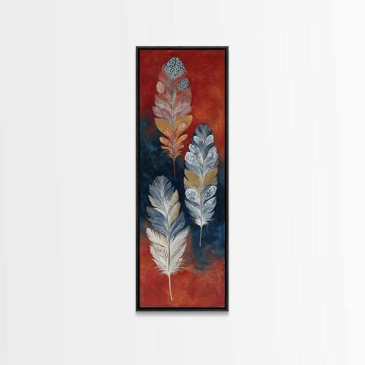 Feather Arrangement with Red Ochre Background Canvas Print, Tribal Art, Neutral Decor, Living Room Decor, Oil Painting, Tribal, TRI-1x3-55