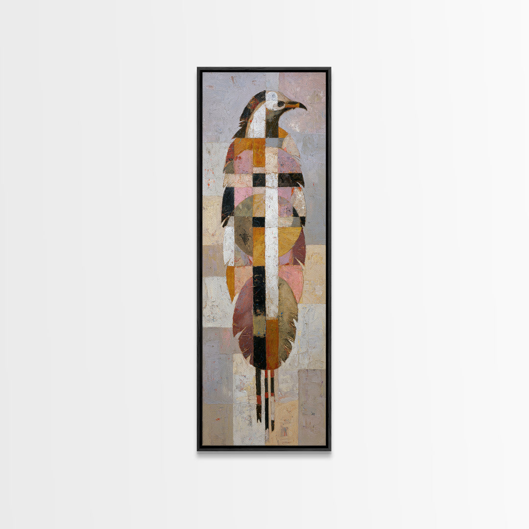 Eagle Totem with Feathers and Geometric Shapes Framed Canvas Print, Tribal Art, Statement Artwork, Living Room Decor, Tribal, TRI-1x3-96