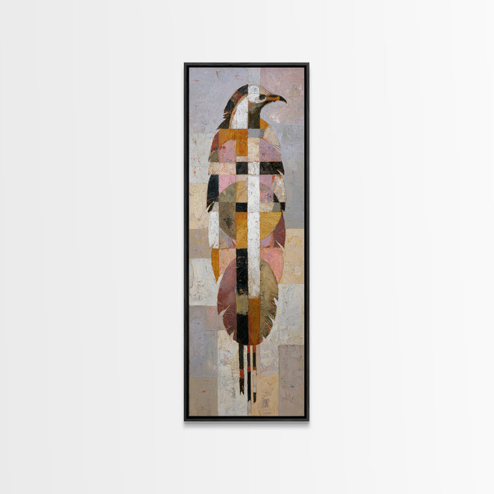 Eagle Totem with Feathers and Geometric Shapes Framed Canvas Print, Tribal Art, Statement Artwork, Living Room Decor, Tribal, TRI-1x3-96