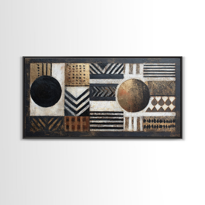 Mud Cloth Black and Cream Pattern Framed Canvas Print, Tribal Art, African Wall Art, Living Room Decor, Fine Art, Tribal, TRI-2x1-3