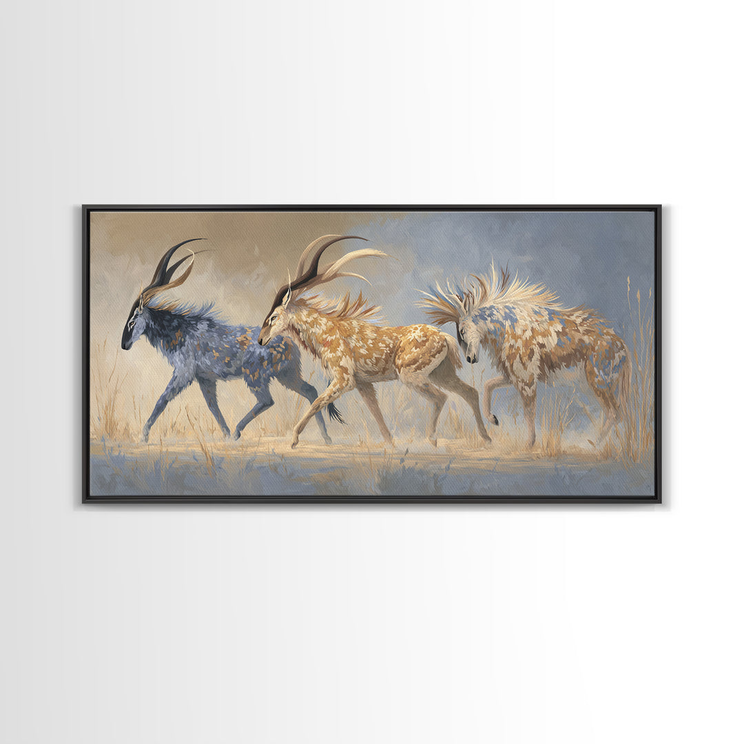 Ancient Cave Art Running Animals Framed Canvas Print, Tribal Art, Gallery Wall Art, Living Room Decor, Watercolor Art, Tribal, TRI-2x1-5
