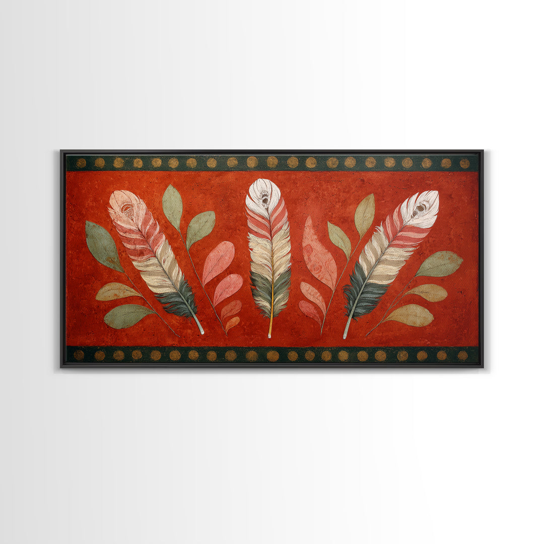 Feather Arrangement with Red Ochre Background Canvas Print, Tribal Art, Black and White Art, Living Room Decor, Tribal, TRI-2x1-63
