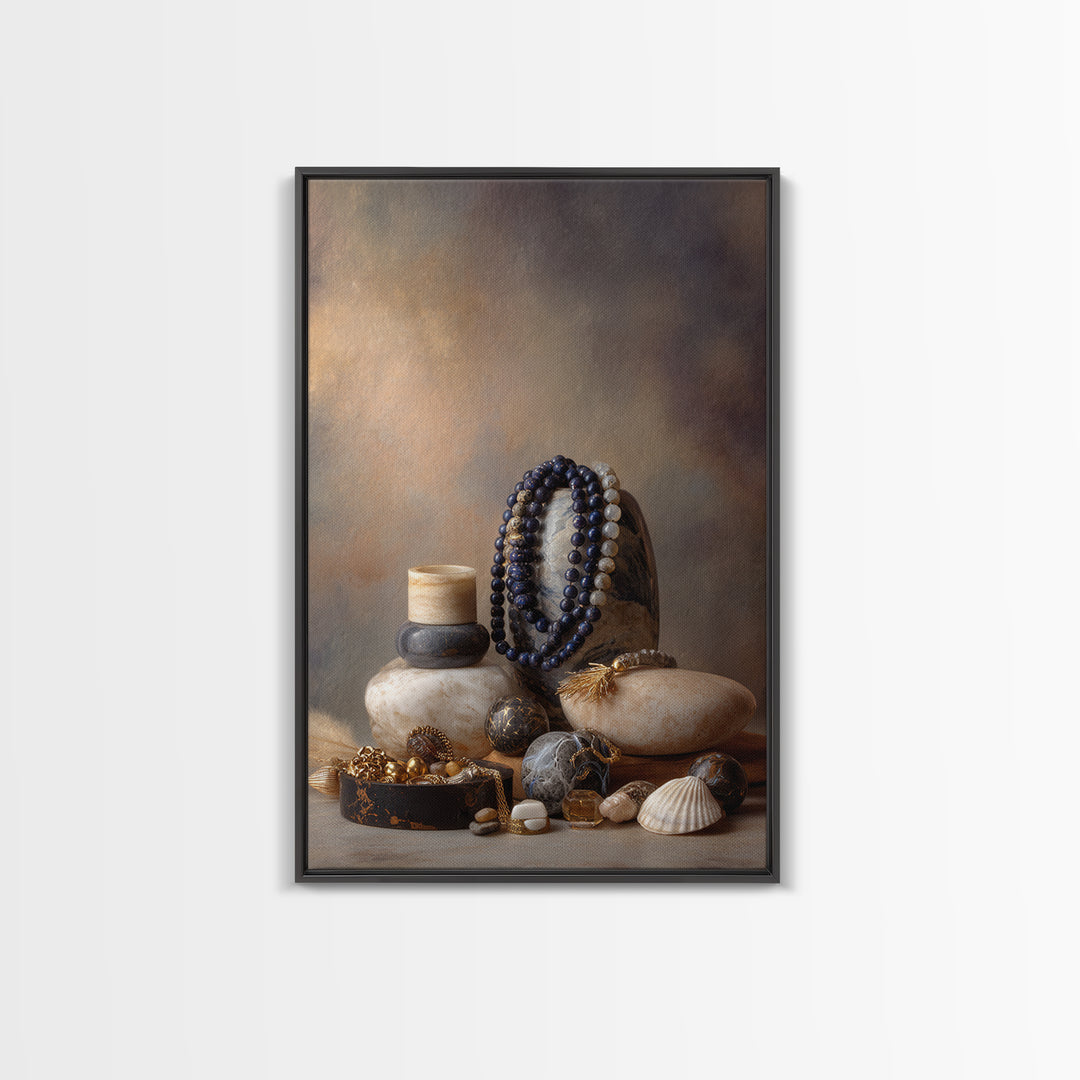 Beaded Jewelry Still Life Framed Canvas Print, Tribal Art, Abstract Art, Living Room Decor, Watercolor Art, Tribal, TRI-2x3-18