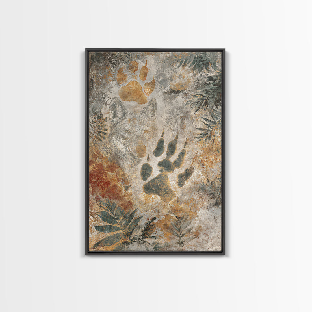 Handprint and Animal Track Composition Framed Canvas Print, Tribal Art, Earthy, Living Room Decor, Fine Art, Tribal, TRI-2x3-73