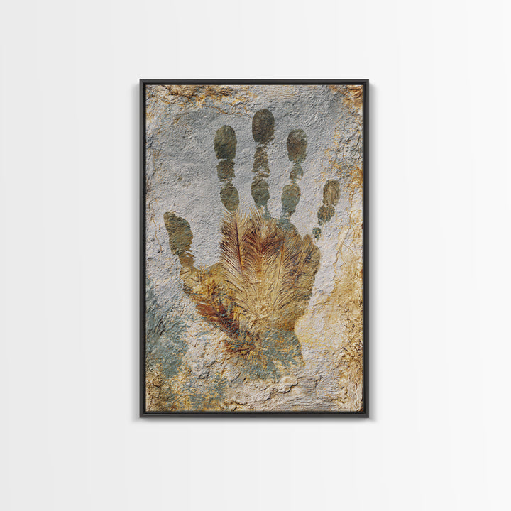 Handprint and Animal Track Composition Framed Canvas Print, Tribal Art, Earthy, Living Room Decor, Fine Art, Tribal, TRI-2x3-97