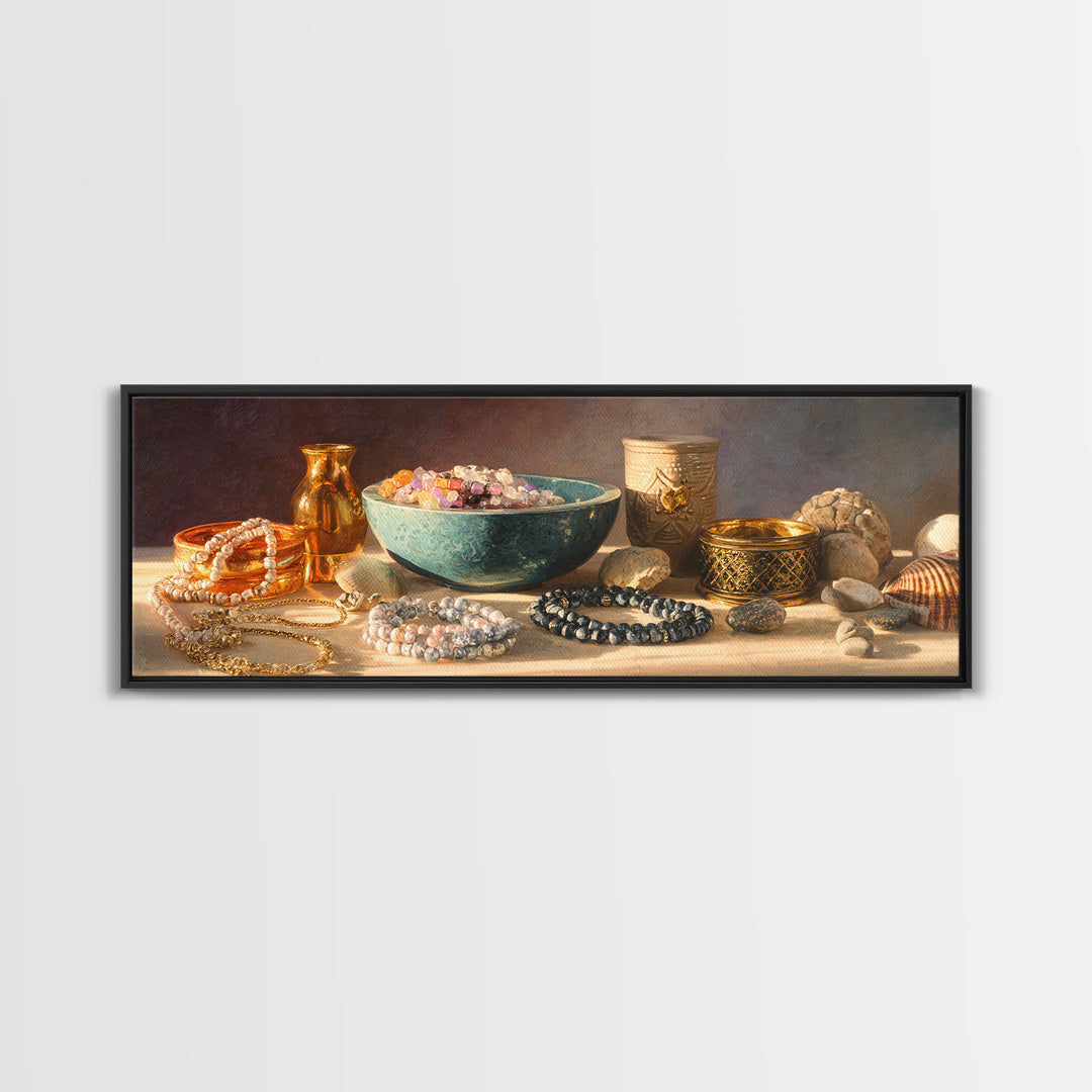 Beaded Jewelry Still Life Framed Canvas Print, Tribal Art, Tribal Design, Living Room Decor, Oil Painting, Tribal, TRI-3x1-74