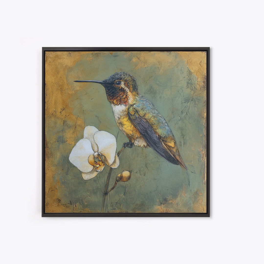 Orchid and Hummingbird Composition Canvas Print, Tropical Art, Trendy Wall Art, Living Room Decor, Tropic, Luxury Decor, TRO-1x1-10