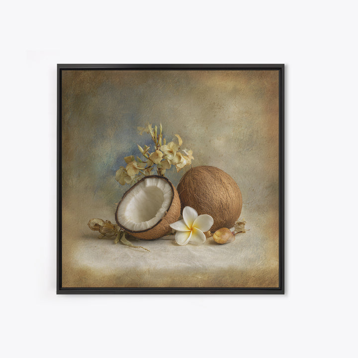 Coconut and Plumeria Still Life Framed Canvas Print, Tropical Art, Decor, Living Room Decor, Fine Art, Tropic, Bird Art, TRO-1x1-12