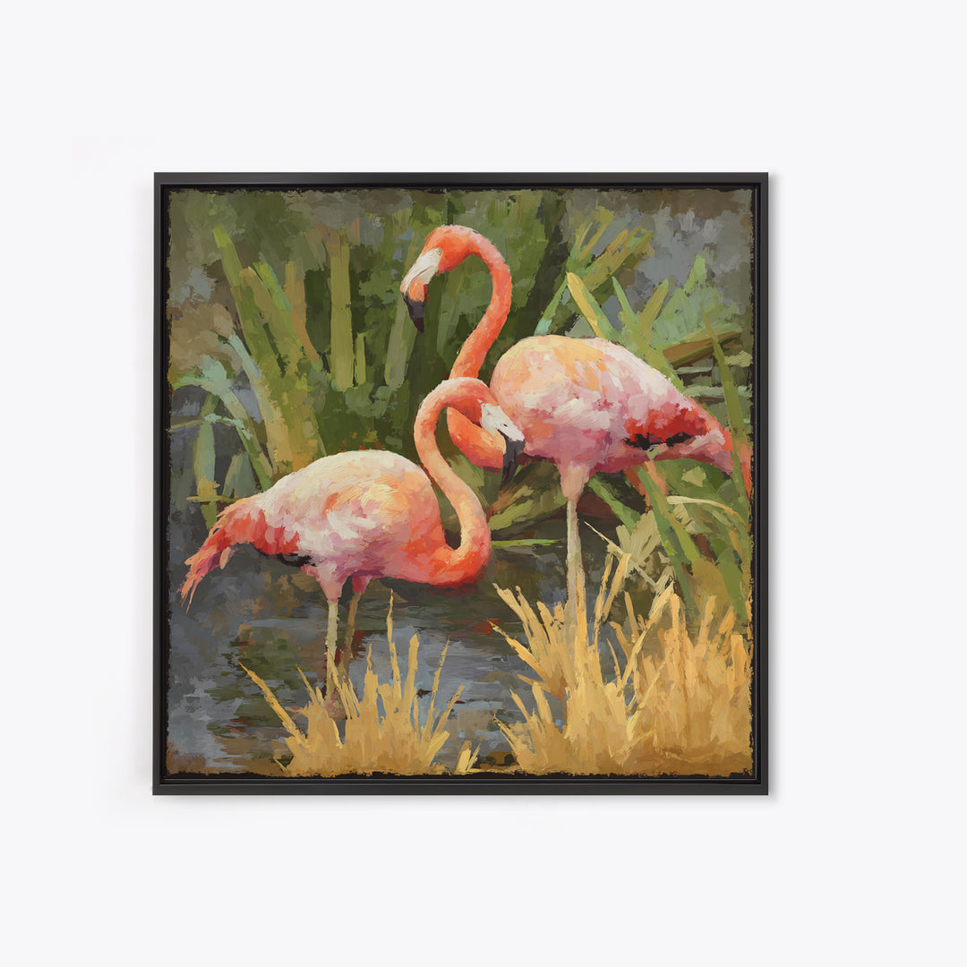 Pink Flamingos Among Tropical Water Plants Framed Canvas Print, Tropical Art, Beach Wall Art, Living Room Decor, Tropic, TRO-1x1-2