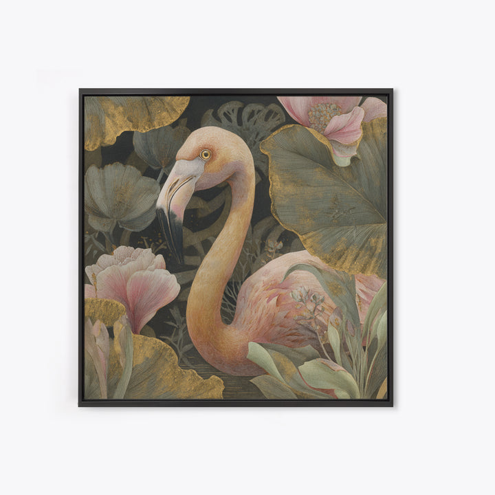 Pink Flamingos Among Tropical Water Plants Canvas Print, Tropical Art, Whimsical Art, Living Room Decor, Fine Art, Tropic, TRO-1x1-26