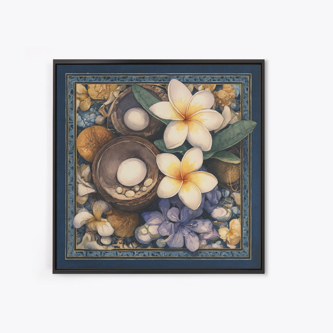 Coconut and Plumeria Still Life Canvas Print, Tropical Art, Printable Wall Art, Living Room Decor, Watercolor Art, Tropic, TRO-1x1-36